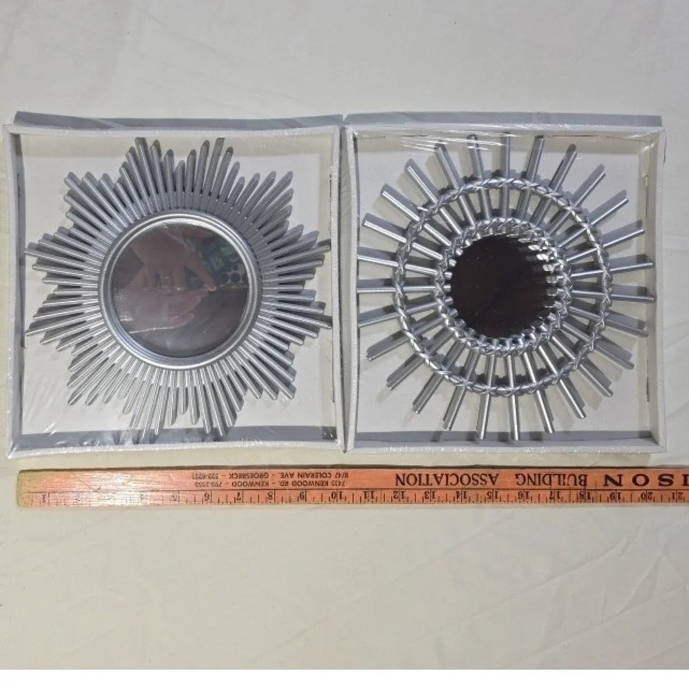 Set of 2 Silver Sunburst Wall Mirrors Decorative Round Accent Home Decor 10 inch